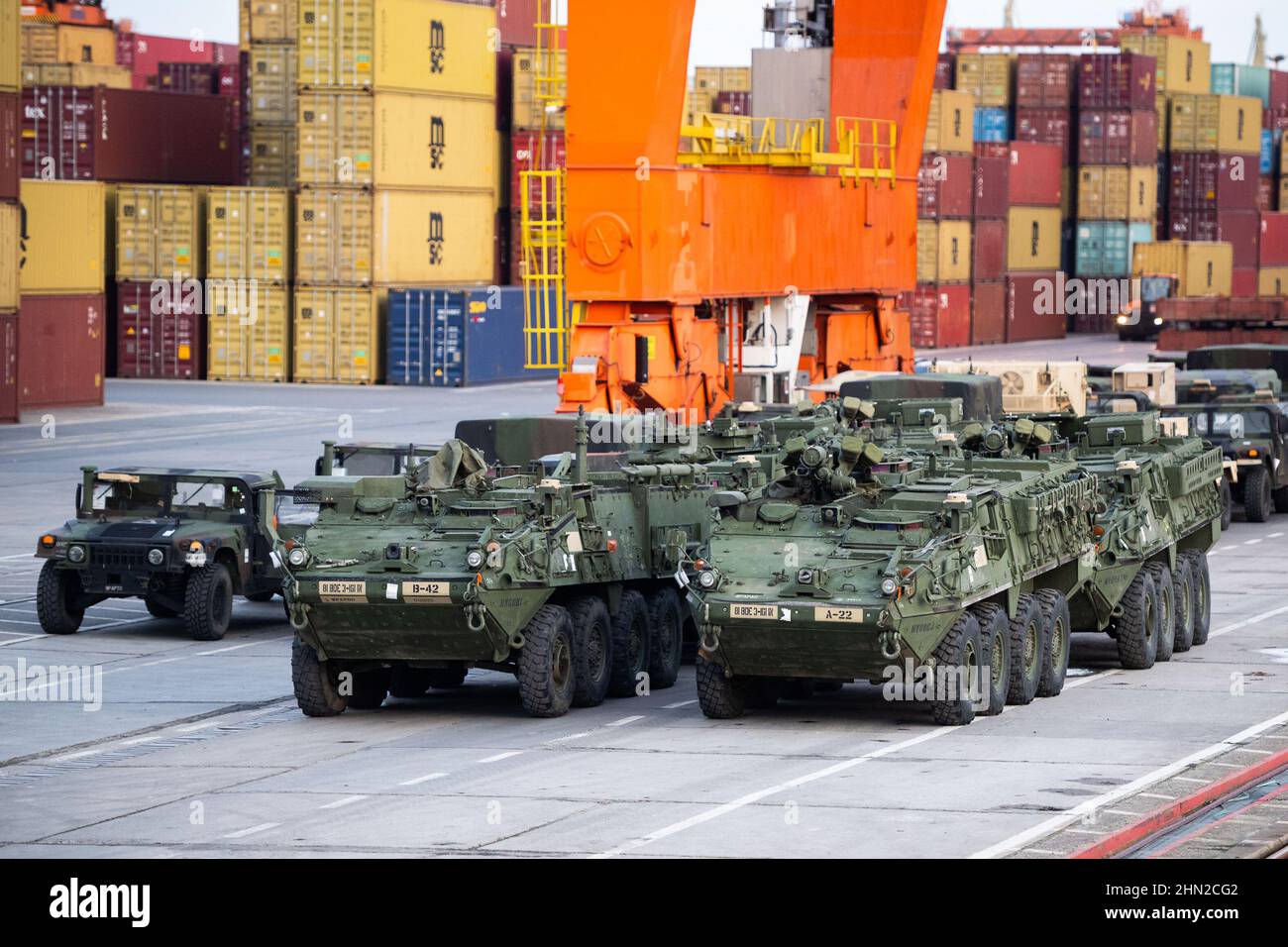 Gdynia, Poland. 13th Feb, 2022. A view of US military equipment (Humvee