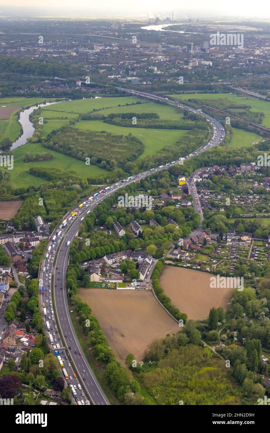 Aerial view, traffic jam on the A3 motorway, Alstaden, Oberhausen, Ruhr area, North Rhine-Westphalia, Germany, A3 motorway, DE, Europe, aerial photogr Stock Photo