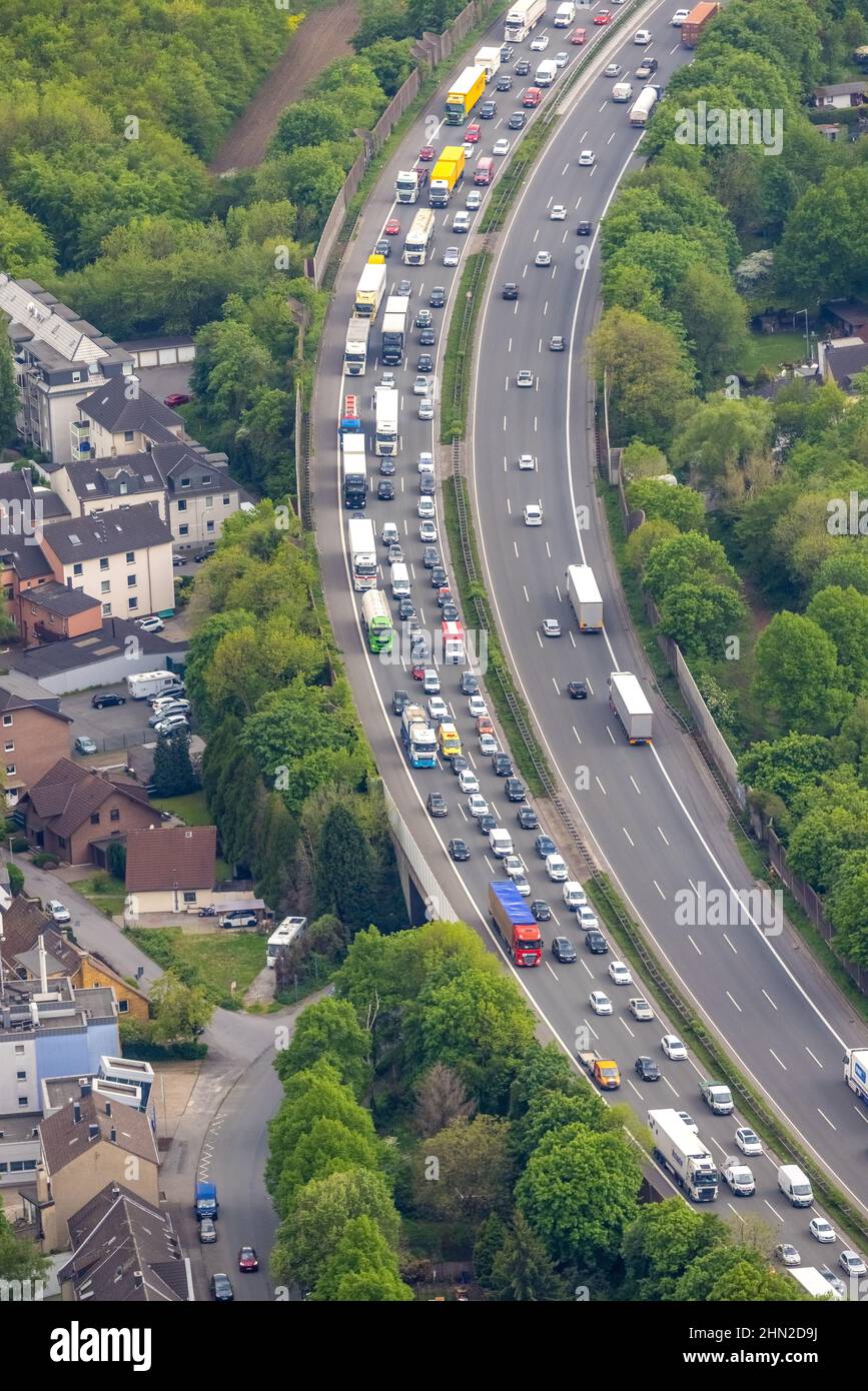 Aerial view, traffic jam on the A3 motorway, Alstaden, Oberhausen, Ruhr area, North Rhine-Westphalia, Germany, A3 motorway, DE, Europe, aerial photogr Stock Photo