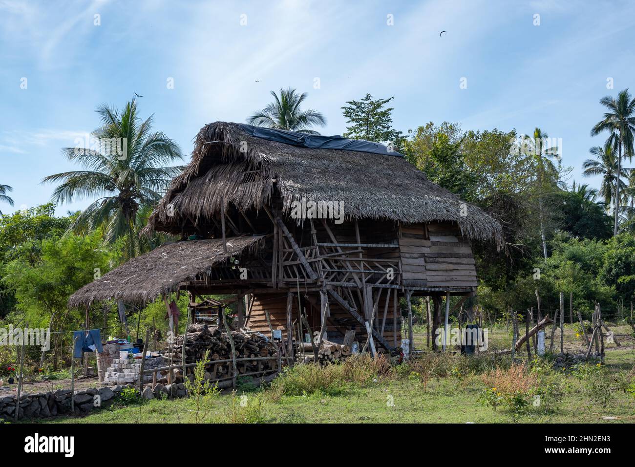 A wood and grass hut in a small village. San Blas, Nayarit, Mexico. Stock Photo