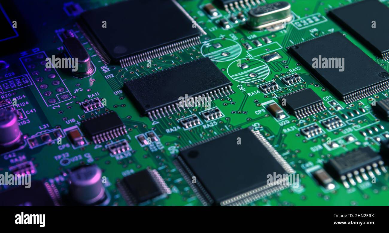 Closeup of Printed Circuit Board with processor, integrated circuits