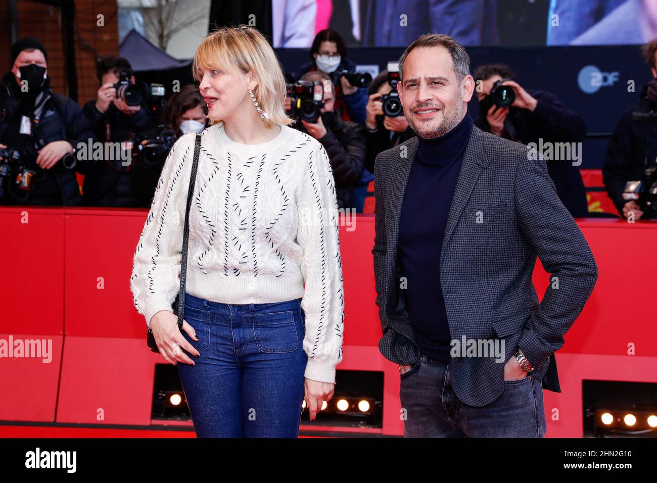 Berlin, Germany. 13th Feb, 2022. Moritz Bleibtreu and company arrive at the  premiere of the competition film "A E I O U - The Quick Alphabet of Love\