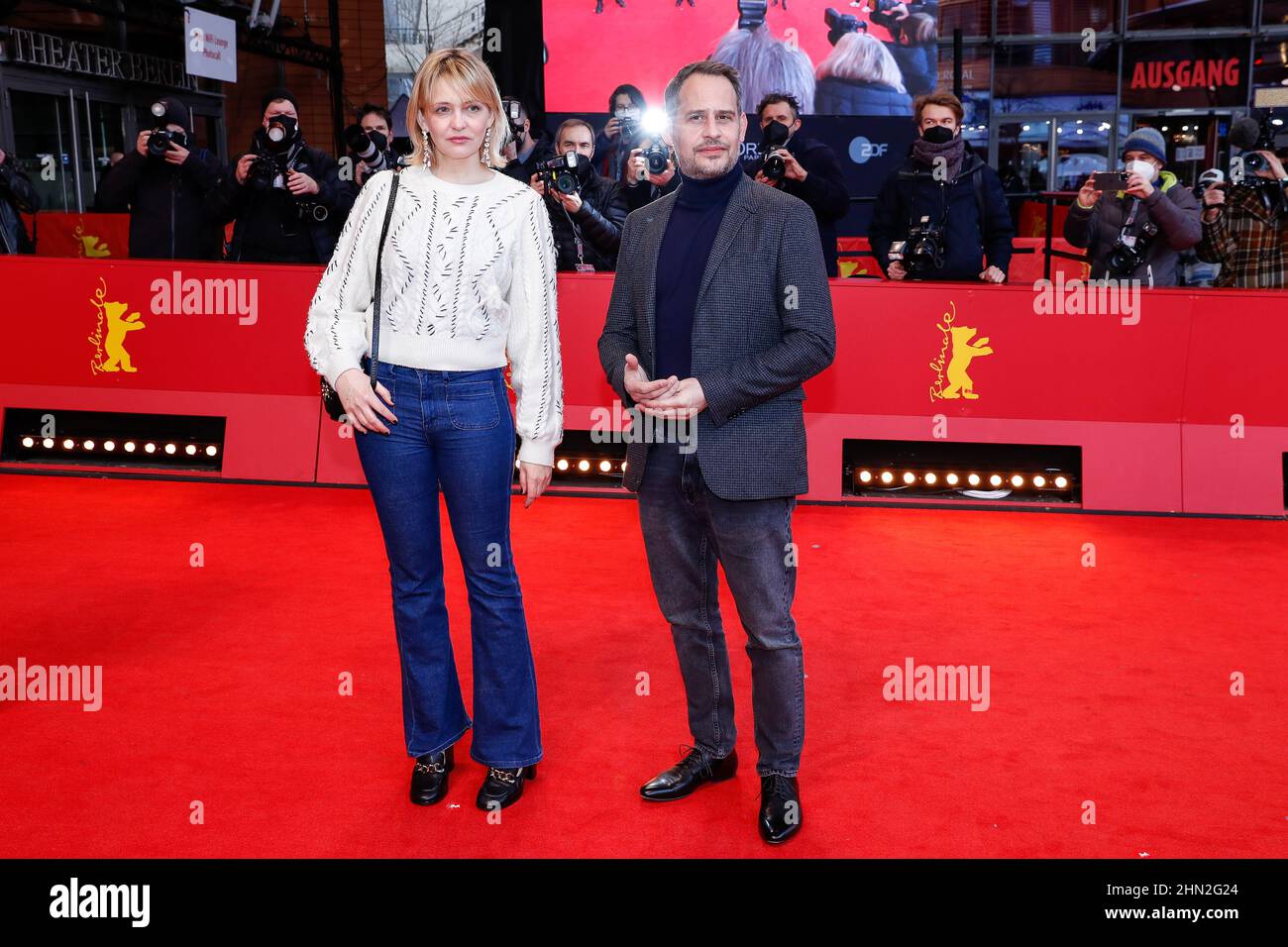Berlin, Germany. 13th Feb, 2022. Moritz Bleibtreu and company arrive at the  premiere of the competition film "A E I O U - The Quick Alphabet of Love\