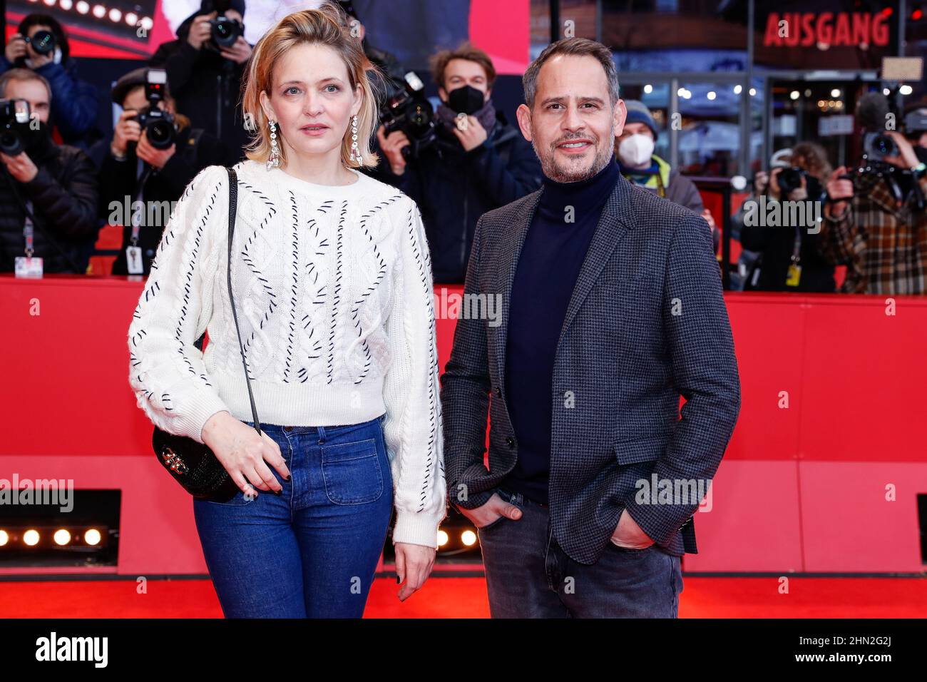Berlin, Germany. 13th Feb, 2022. Moritz Bleibtreu and company arrive at the  premiere of the competition film "A E I O U - The Quick Alphabet of Love\
