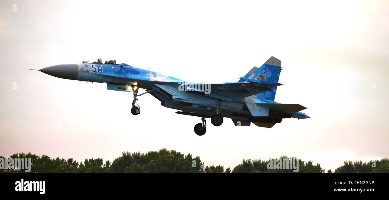 Ukrainian Air Force, Sukhoi Su-27 Flanker, military combat aircraft landing at Mirgorod Air Base, Ukraine Stock Photo