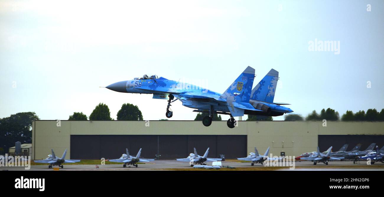 Ukrainian Air Force, Sukhoi Su-27 Flanker, military combat aircraft landing on military Air Base, Stock Photo