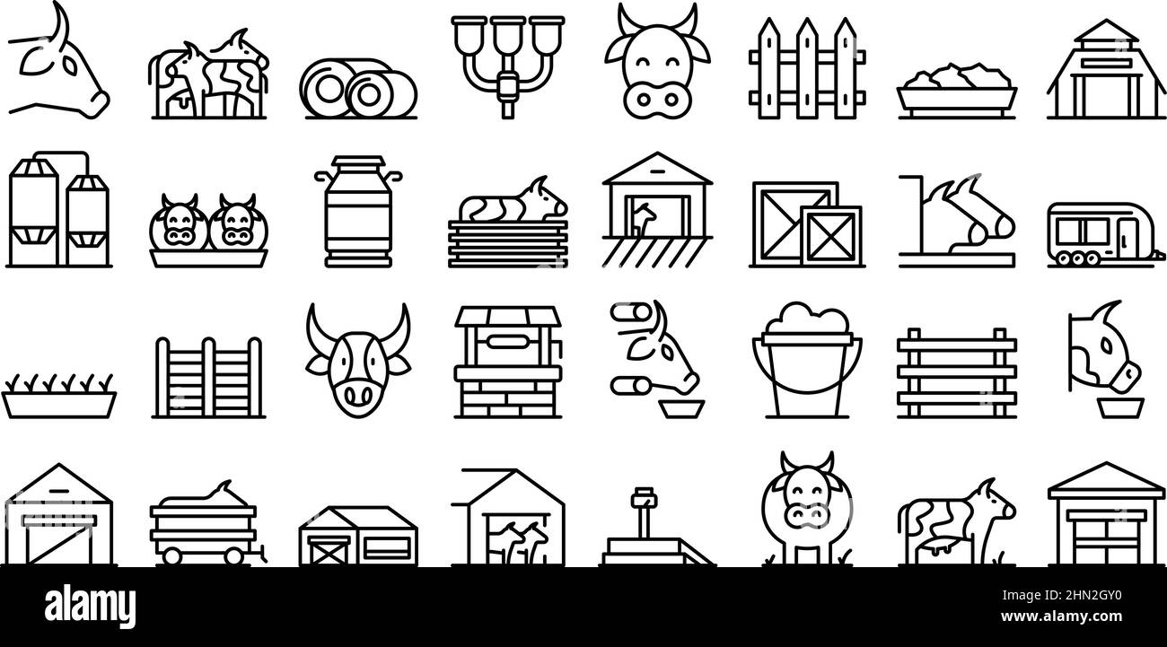 Breeding cows icons set outline vector. Dairy milk. Eat farm Stock Vector