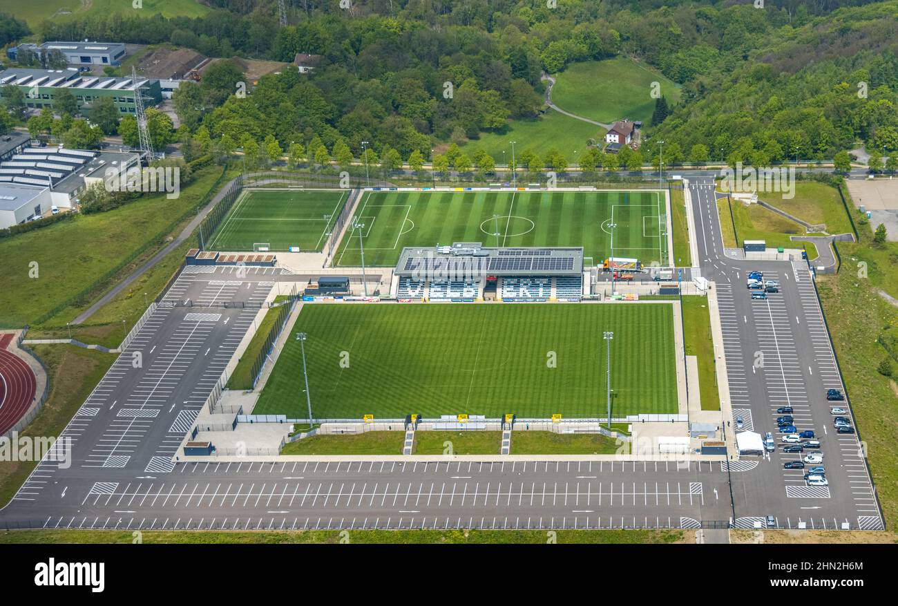 Aerial photo, Corona rapid test station at the premier league stadium, EMKA Sportzentrum Velbert, Velbert, Ruhr area, North Rhine-Westphalia, Germany, Stock Photo