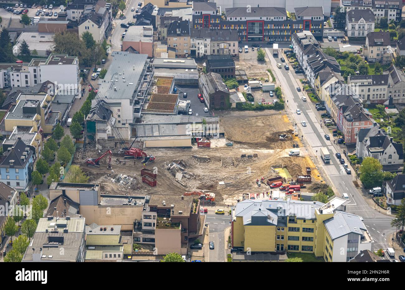 Aerial photograph, construction site Offerstraße, Friedrichstraße, Grünstraße, Velbert, Ruhr area, North Rhine-Westphalia, Germany, construction work, Stock Photo