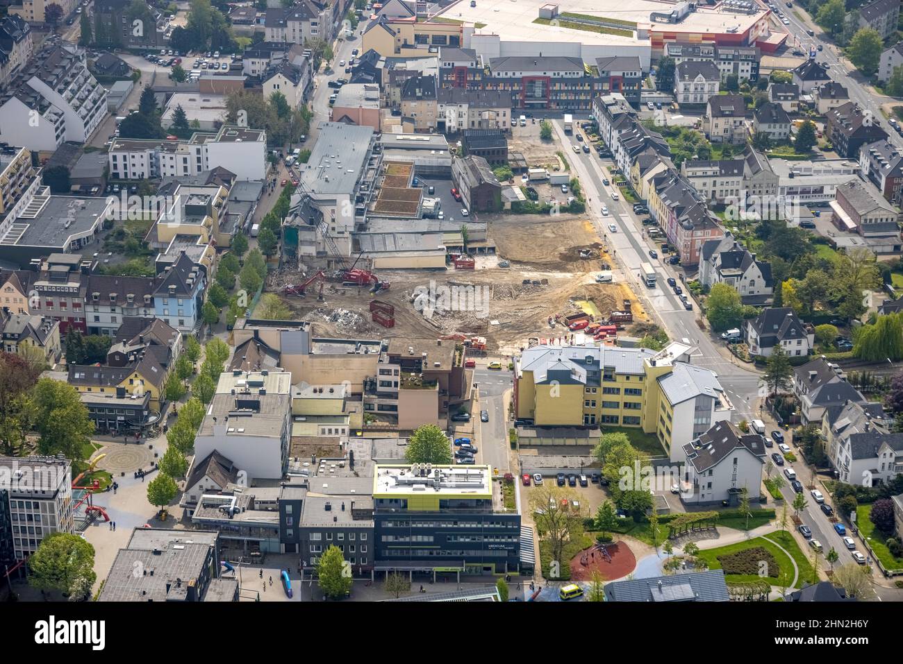 Aerial photograph, construction site Offerstraße, Friedrichstraße, Grünstraße, Velbert, Ruhr area, North Rhine-Westphalia, Germany, construction work, Stock Photo