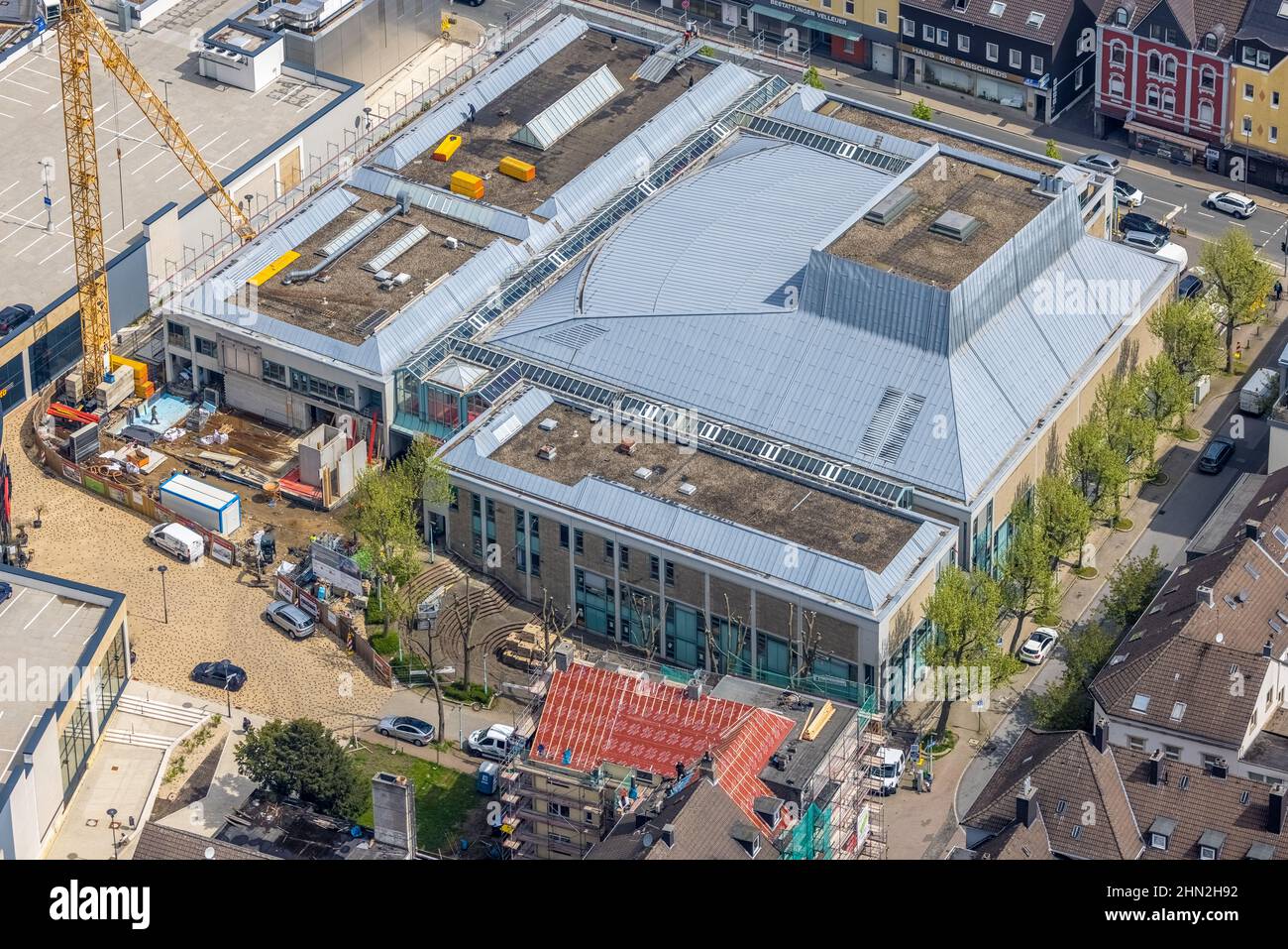 Aerial view, construction site at Forum Niederberg, Kultur- und Veranstaltungsbetrieb Velbert, Velbert, Ruhr area, North Rhine-Westphalia, Germany, co Stock Photo