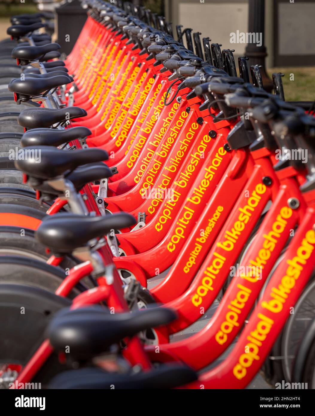 WASHINGTON, DC, USA - Storage rack of Capital Bikeshare bicycles ready to rent. Stock Photo