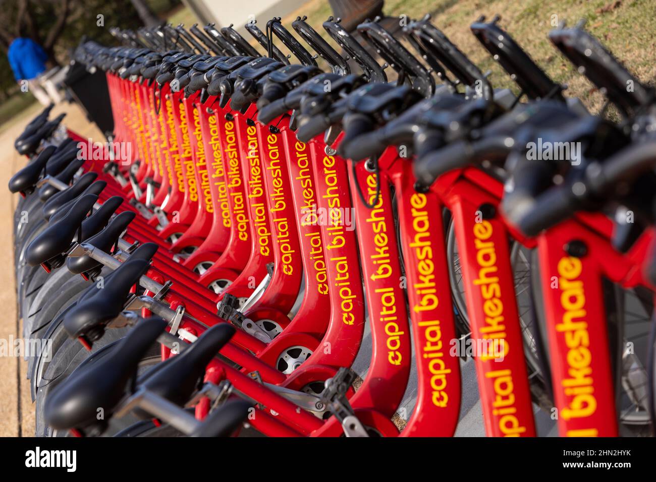 WASHINGTON, DC, USA - Storage rack of Capital Bikeshare bicycles ready to rent. Stock Photo