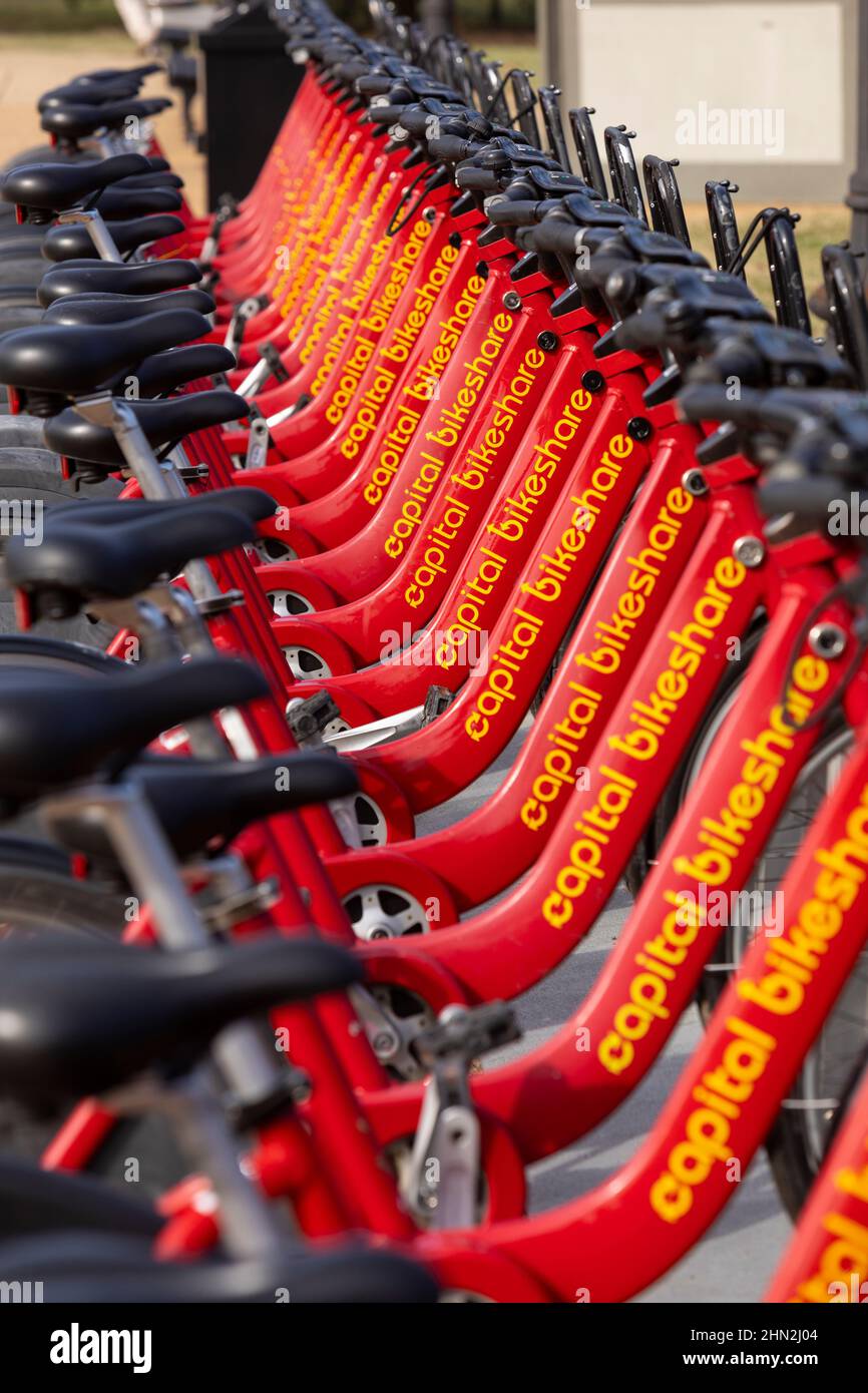 WASHINGTON, DC, USA -  Capital Bikeshare bicycles ready to rent, at docking station. Stock Photo