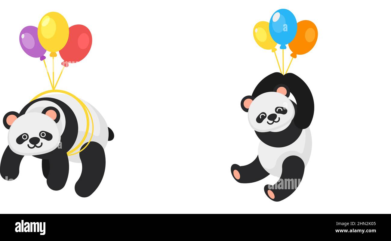 Vector flat style panda holding colorful balloons Stock Vector