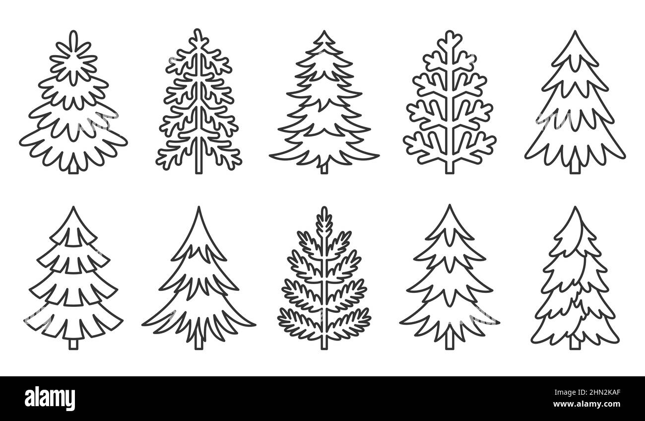 Christmas tree icon nature simple black line set. Holiday object linear pattern card sticker different shape. Forest evergreen sticker collage decor new year advertising elegant outline isolated white Stock Vector