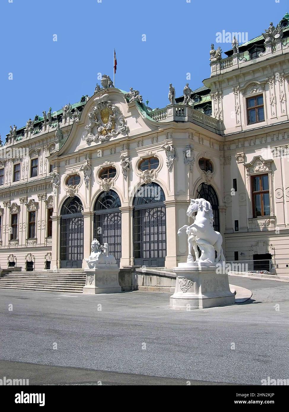 The Belvedere Palace and museum is a historic building complex in Vienna, Austria. It is two Baroque palaces, the Orangery, and the Palace Stables Stock Photo