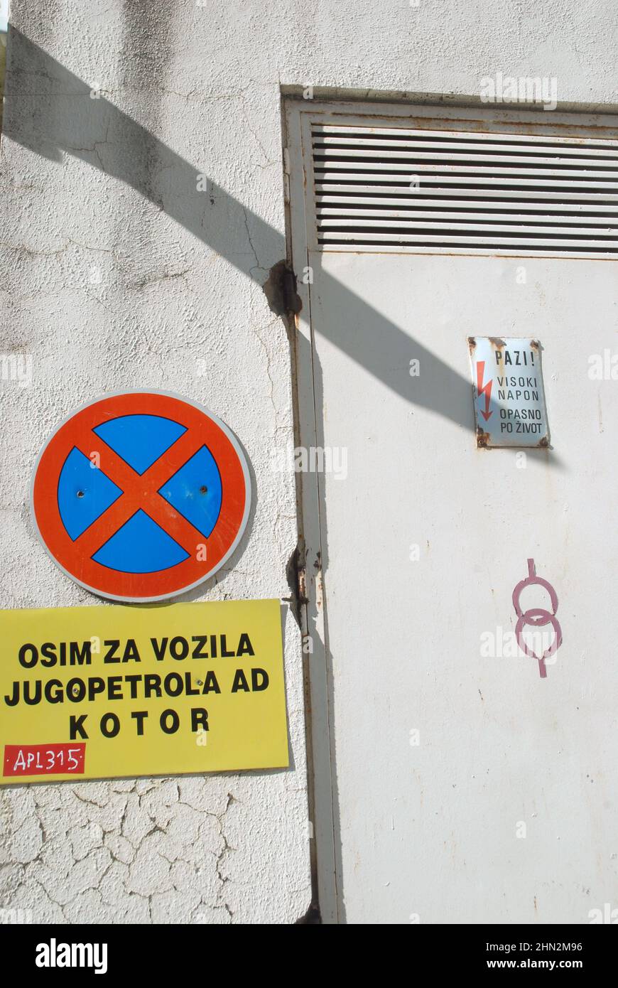Electricity Warning Sign, Kotor, Montenegro Stock Photo