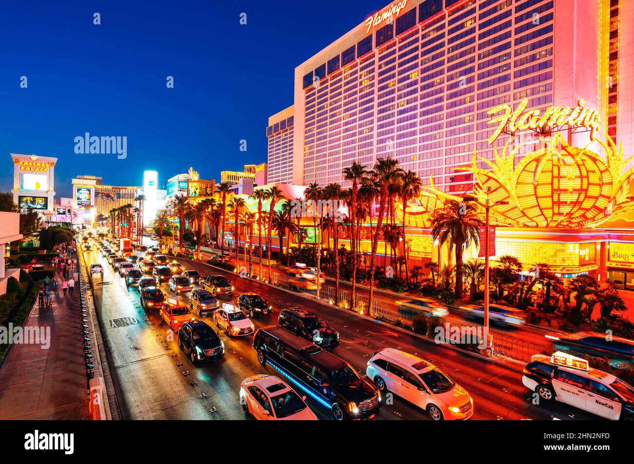 Las Vegas, Nevada, USA - October 1, 2021  Flamingo, luxury Las Vegas Hotel and Casino. Classic Vegas style at the center of the Strip. Street view, tr Stock Photo