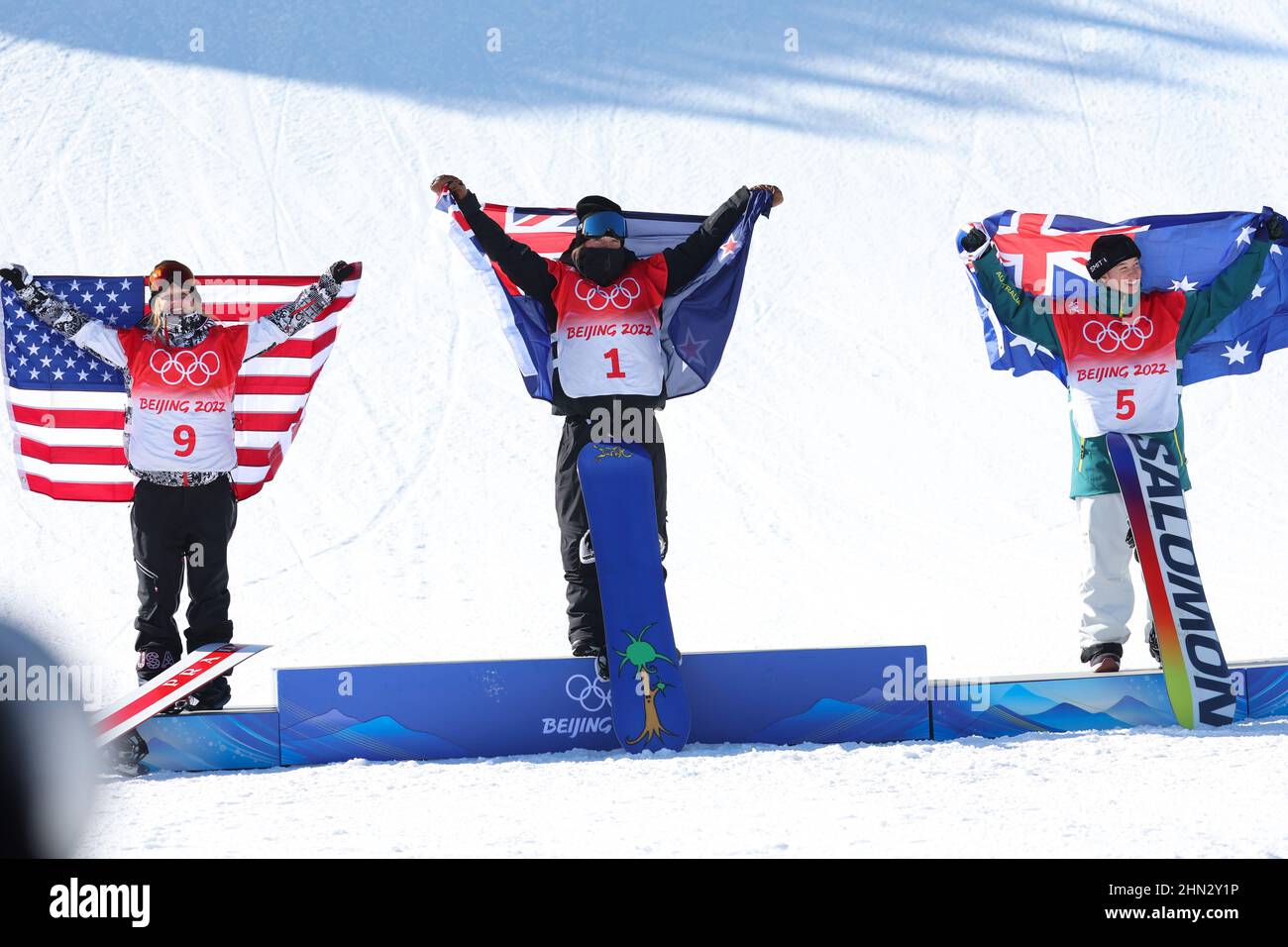 (L to R) Julia MARINO (USA),  Zoi Sadowski Synnott (NZL),  Tess Coady (AUS),  FEBRUARY 6, 2022 - Snowboarding :  Women's Slopestyle Final  during the Stock Photo