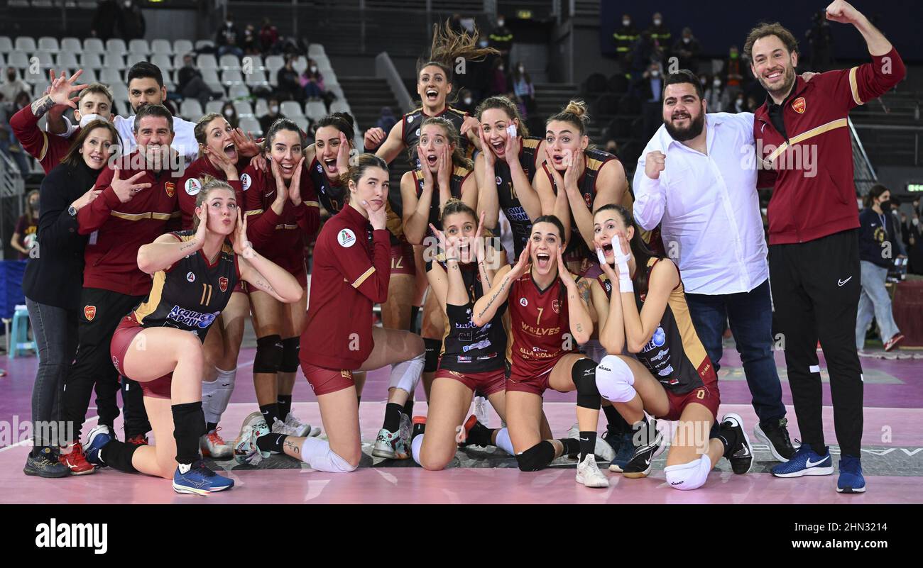 Roma, Italy. 13th Feb, 2022. The Acqua & Sapone Volley Roma celebrate the  victory during the Women's Volleyball Championship Series A1 match between Acqua  & Sapone Volley Roma and of Reale Mutua