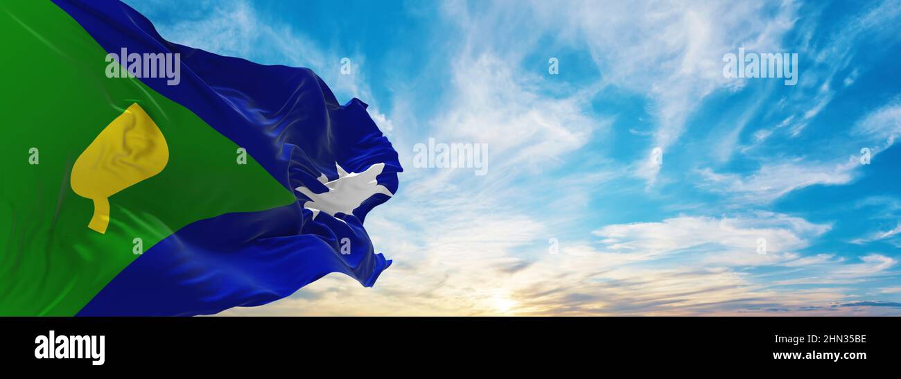 flag of Saibai Island , Australia at cloudy sky background on sunset, panoramic view. Australian travel and patriot concept. copy space for wide banne Stock Photo