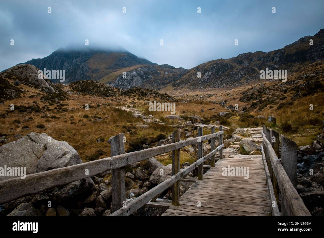 a bridge that leads up a welsh mountain Stock Photo