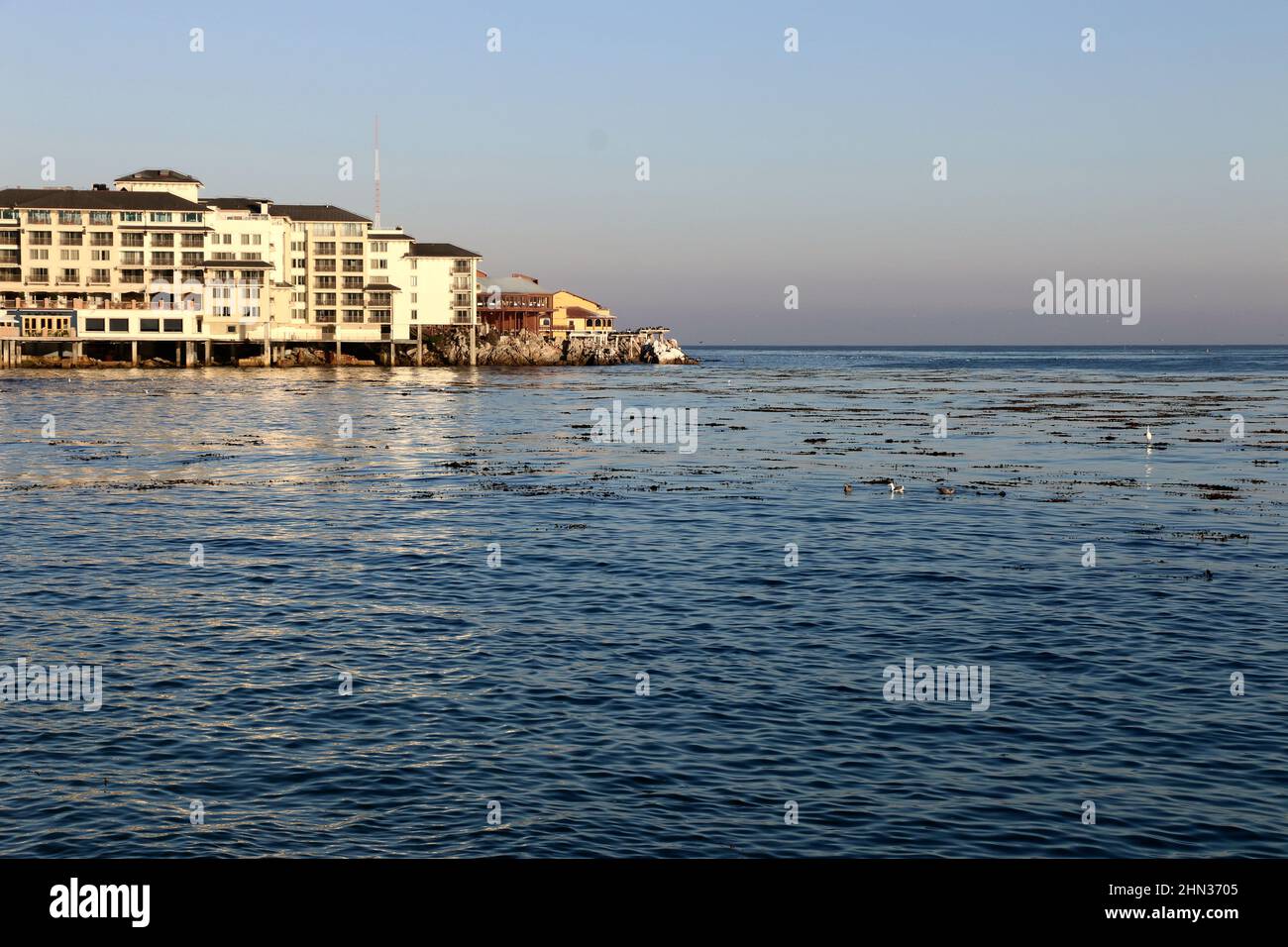 View across open water, Monterey Harbor, Monterey, CA. Stock Photo