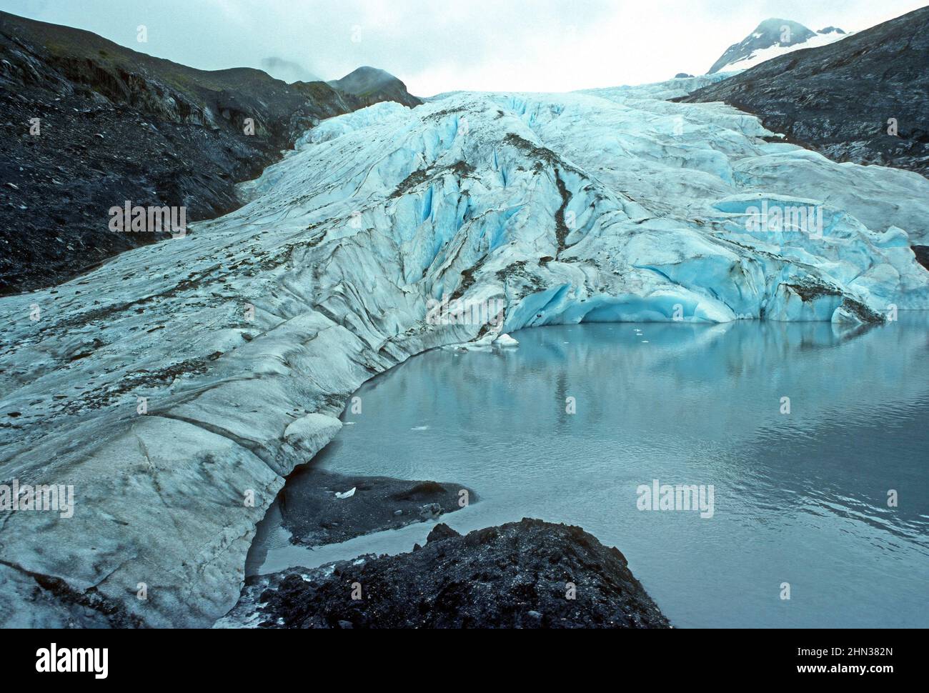 Worthington Glacier Coming Out of the Clouds Near Valdez, Alaska Stock Photo