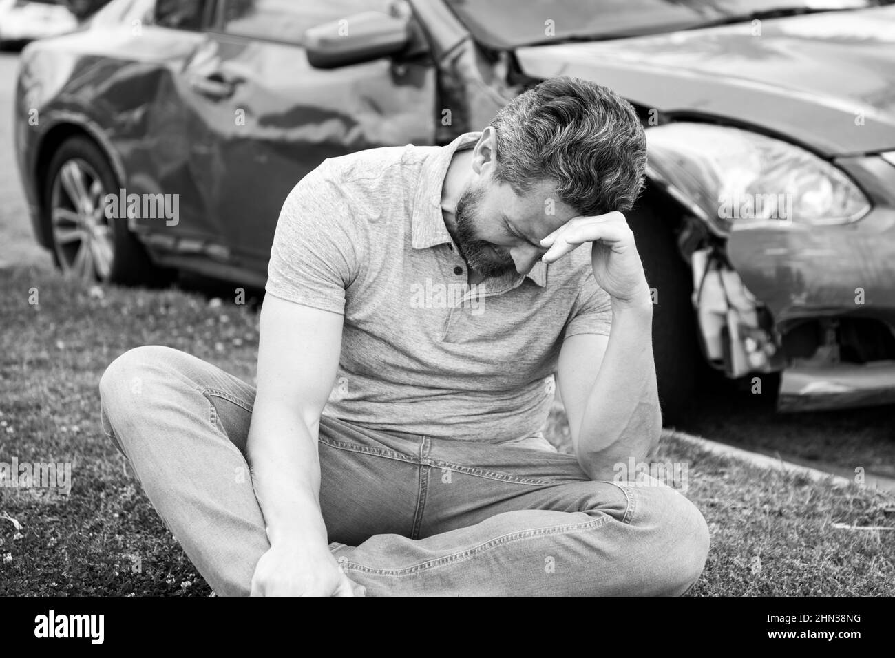 Car crash accident. Upset driver after traffic accident Stock Photo - Alamy