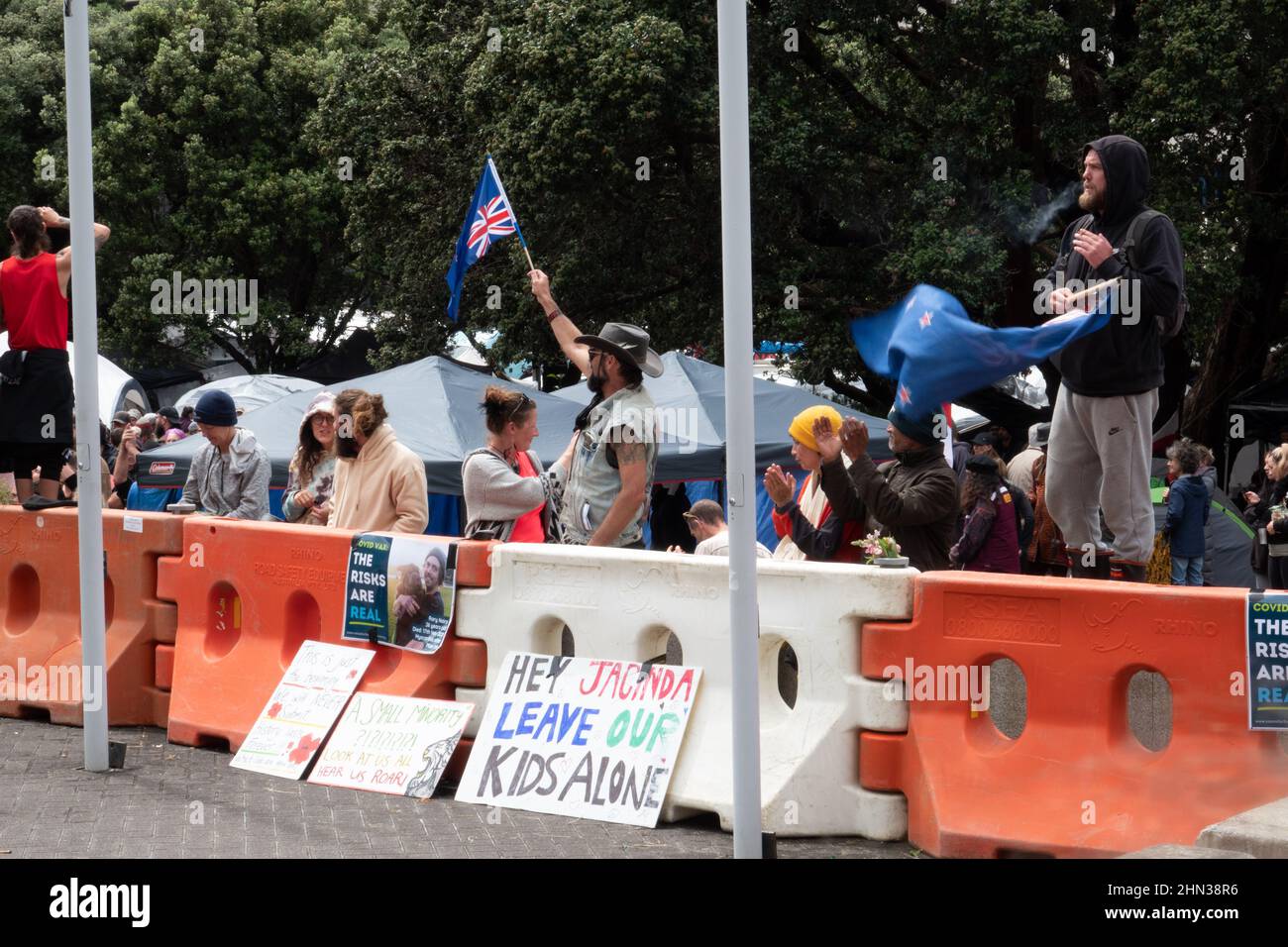 Crowd of people protesting covid vaccine mandates in front of parliament in Wellington, New Zealand Stock Photo