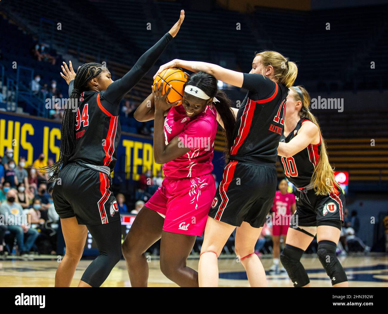 Berkeley, CA U.S. 13th Feb, 2022. A. California forward Ugonne Onyiah (0) battles for the rebound during the NCAA Women's Basketball game between Utah Utes and the California Golden Bears. Utah beat California in overtime 80-75 at Hass Pavilion Berkeley Calif. Thurman James/CSM/Alamy Live News Stock Photo