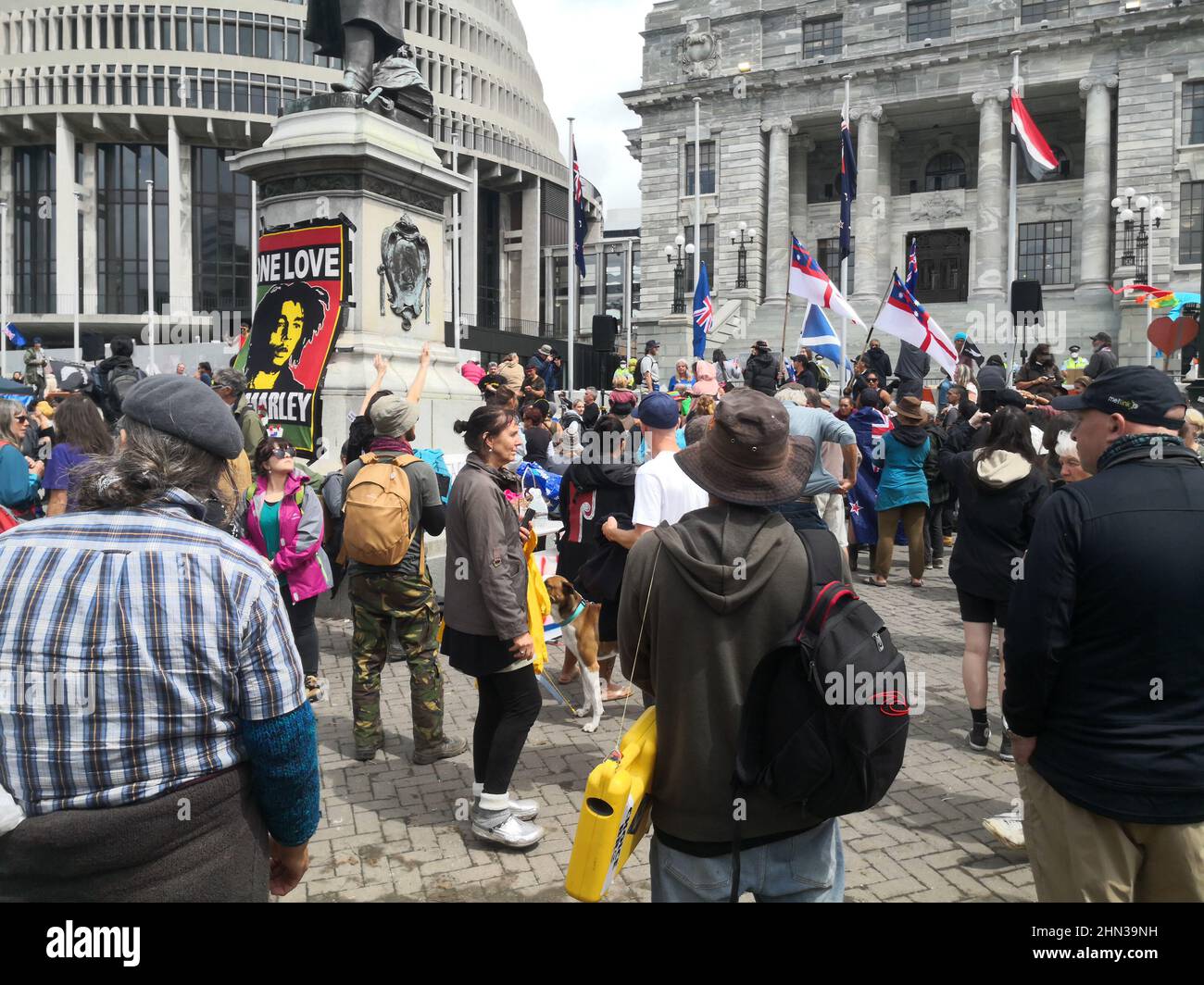 Crowd of people protesting covid vaccine mandates in front of parliament in Wellington, New Zealand Stock Photo