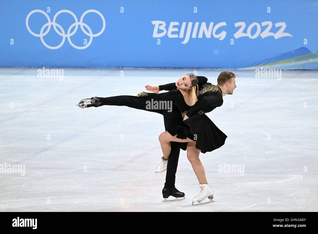 Beijing, China. 14th Feb, 2022. Natalie Taschlerova (front) and Filip Taschler of Czech Republic perform during the figure skating ice dance free dance match of Beijing 2022 Winter Olympics at Capital Indoor Stadium in Beijing, capital of China, Feb. 14, 2022. Credit: Wang Jianwei/Xinhua/Alamy Live News Stock Photo