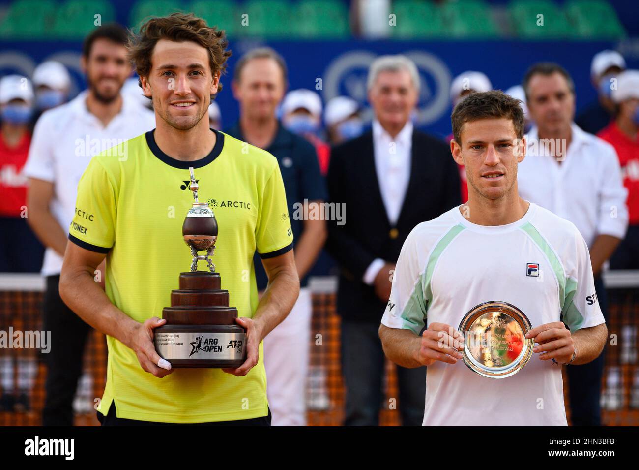 Buenos Aires, Argentina. 13th Feb, 2022. Casper Ruud (L) of Norway and  Diego Schwartzman (R) of Argentina are seen after the Men's Singles Final  match at Buenos Aires Lawn Tennis Club.(Final score;