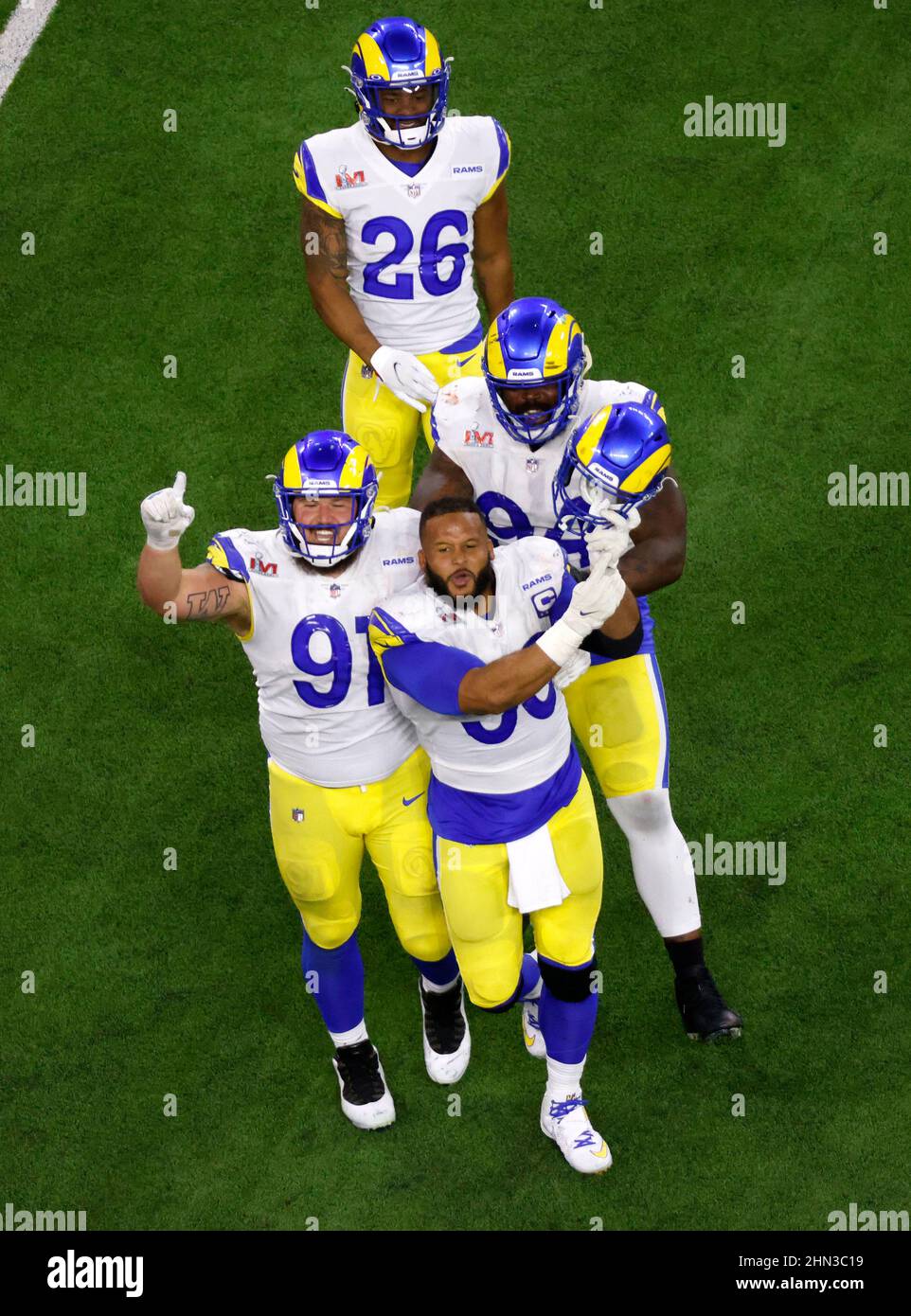 Los Angeles, California, USA. 13th Feb, 2022. Los Angeles Rams defensive  tackle Aaron Donald (99) celebrates his game winning sack at the NFL Super  Bowl 56 LVI football game between the Los