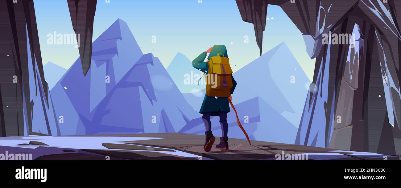 Traveler man at mountain cave entrance rear view. Tourist with backpack and staff stand at rocky snowy landscape looking on far peaks. Hiking travel adventure, extreme Cartoon vector illustration Stock Vector