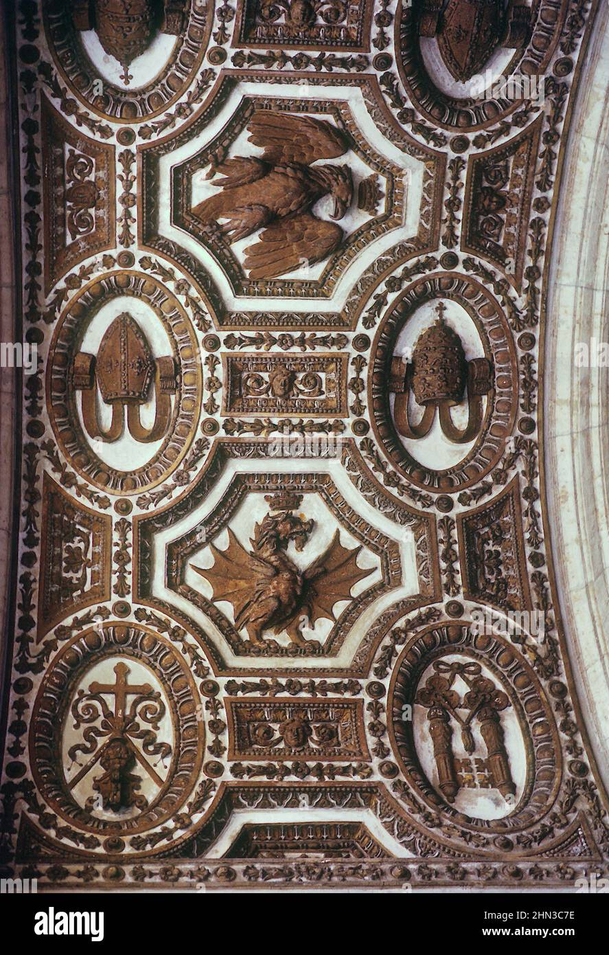 Ceiling decoration featuring emblems of the Papacy, in the Vatican Museum, Rome Stock Photo