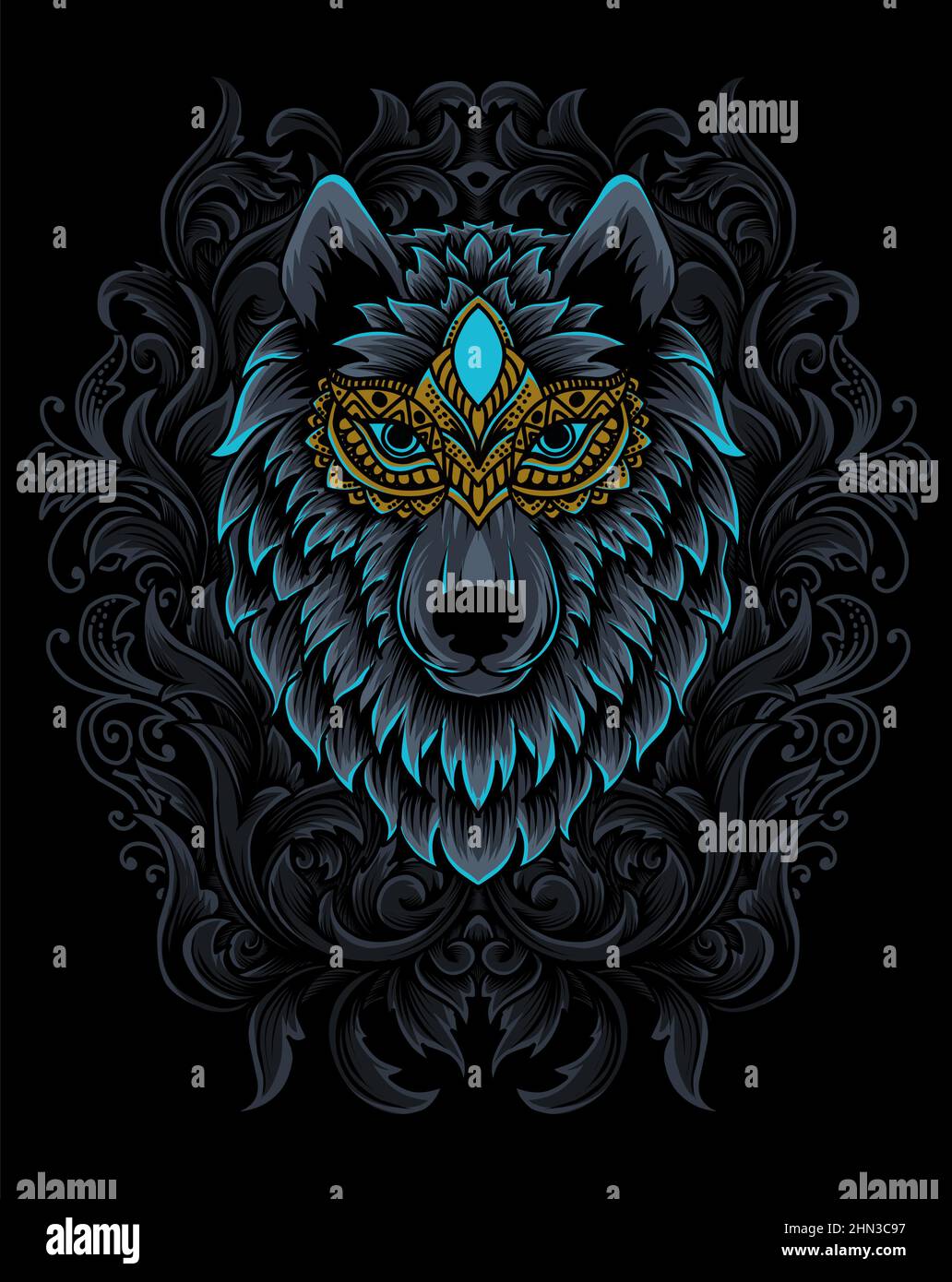 illustration wolf head with vintage engraving ornament Stock Vector
