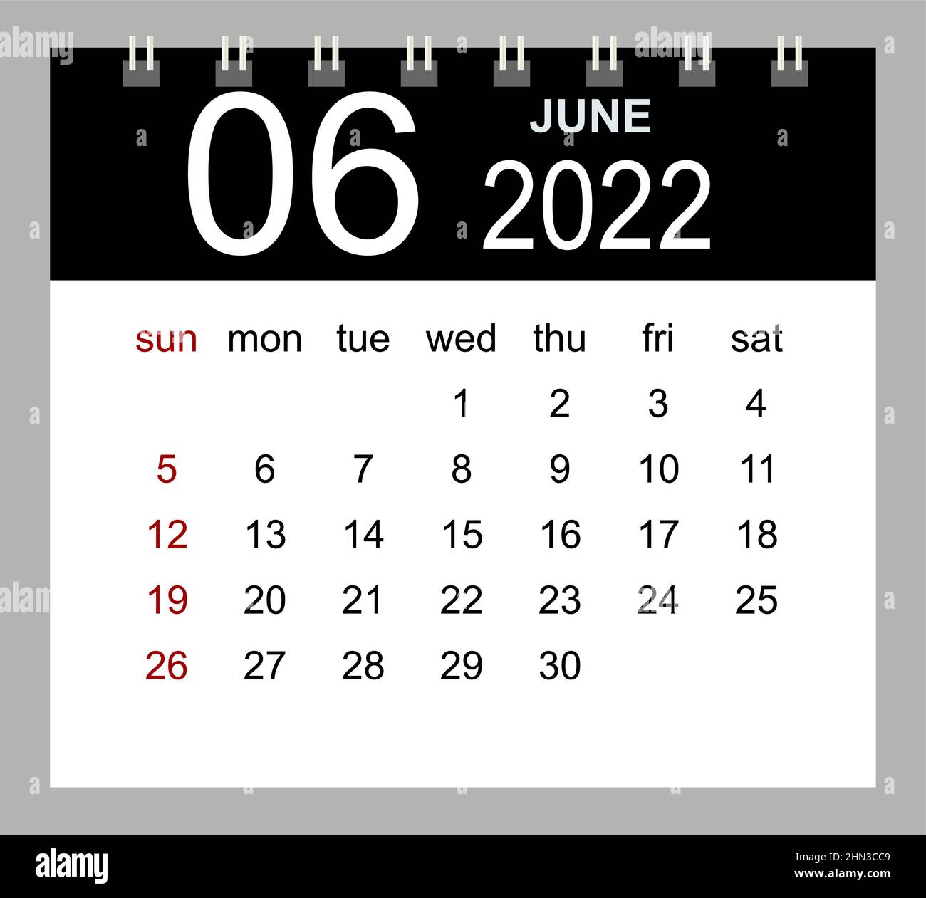 June 2022. Vector monthly calendar template 2022 year in simple style ...