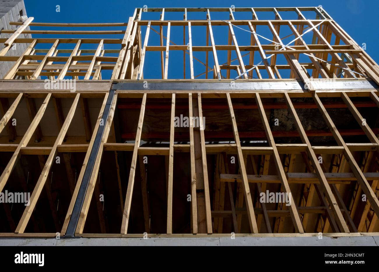 Wooden frame for a new building in Carlton, Melbourne, Victoria, Australia. Stock Photo