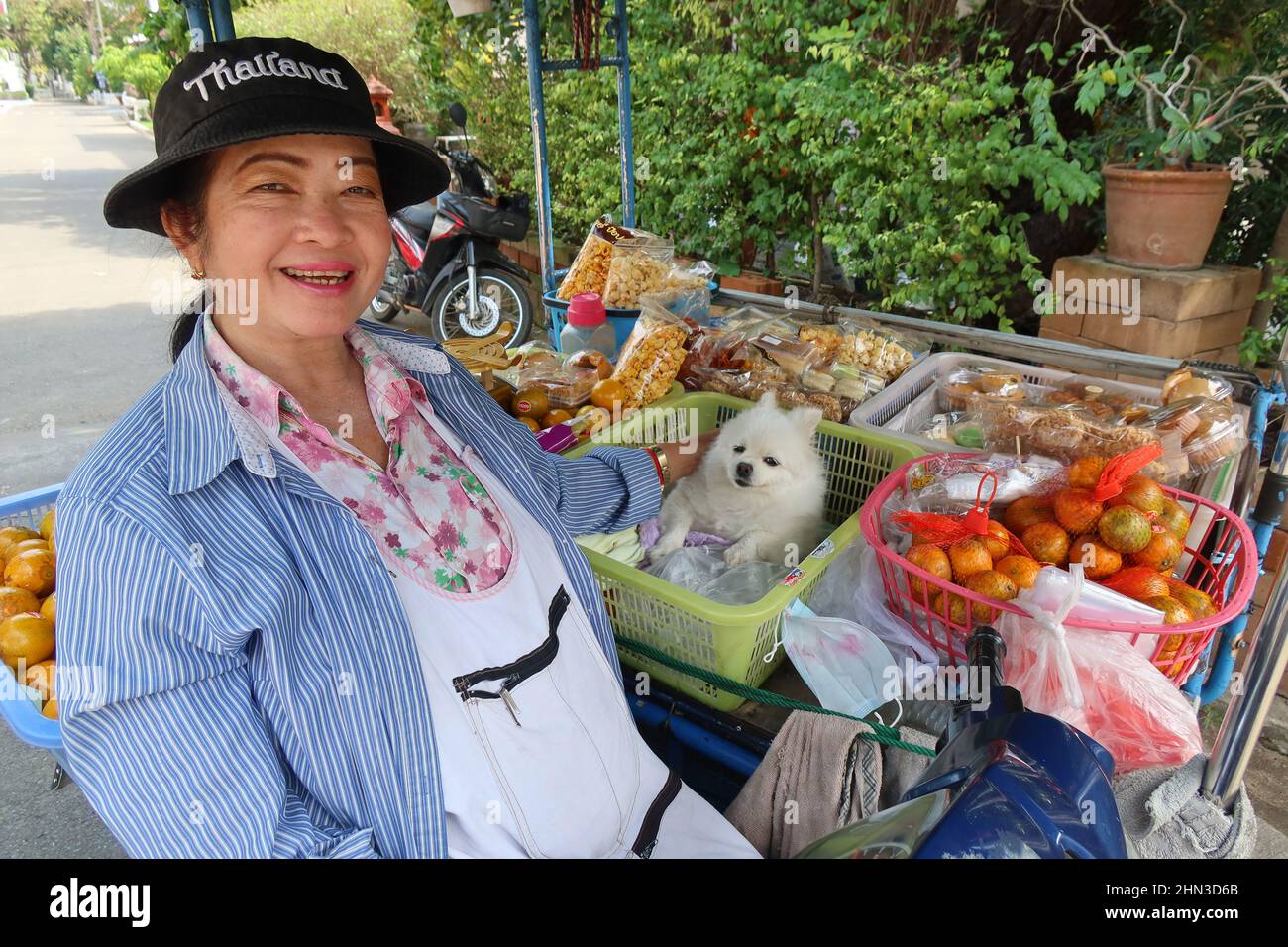 Smiling Thai Woman selling  fruits from her 3 wheeler, Chiang Mai, Thailand Stock Photo