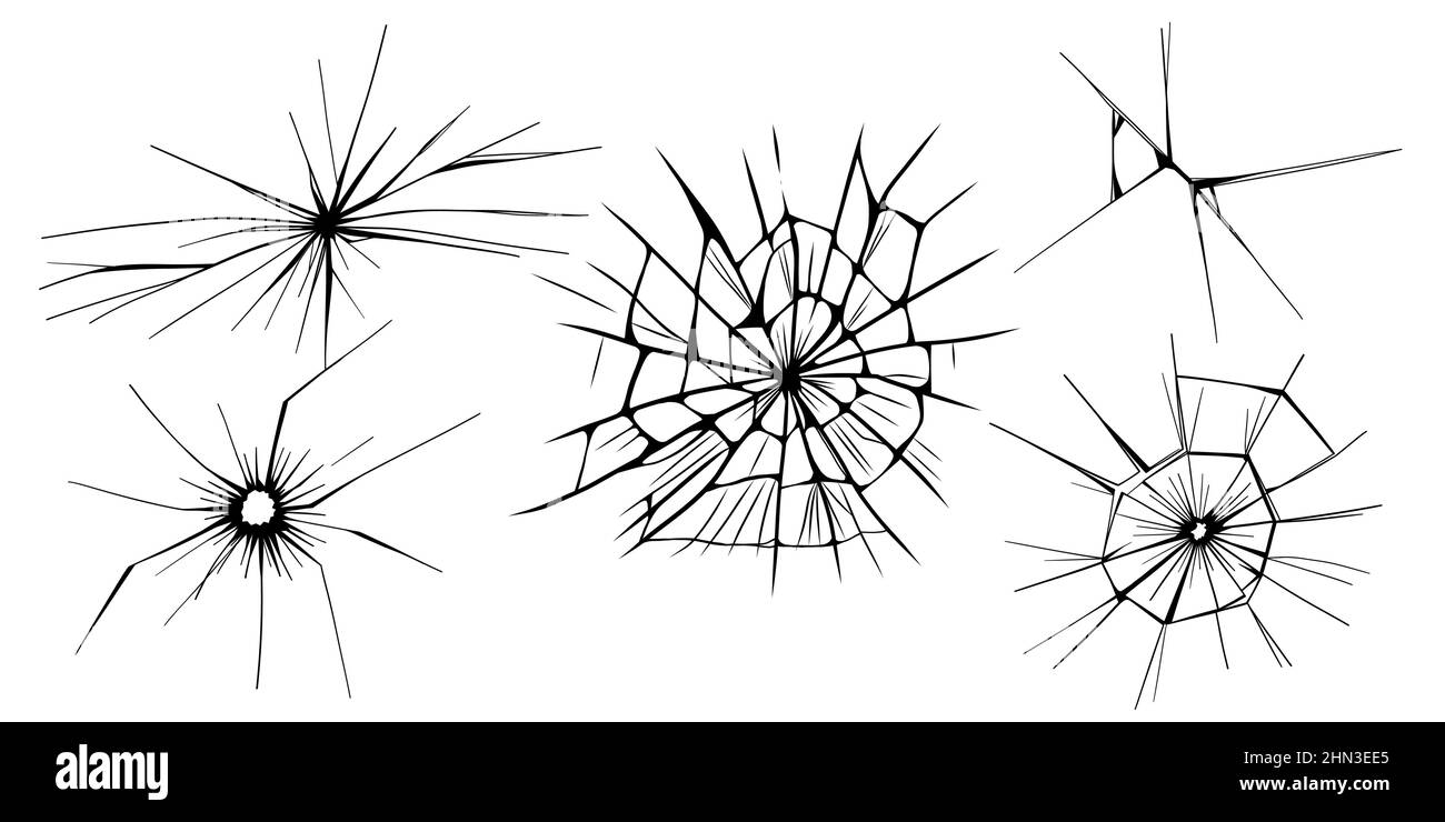 Glass cracks. Broken ice. Bullet marks on transparent surface, electronic display, window. Vector sketch illustration. Stock Vector