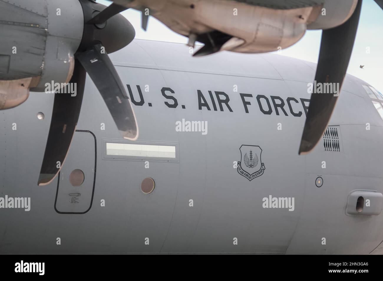 Otopeni, Romania - May 20, 2014: US Air Forces military cargo plane on the taxiway of a military airport. Stock Photo