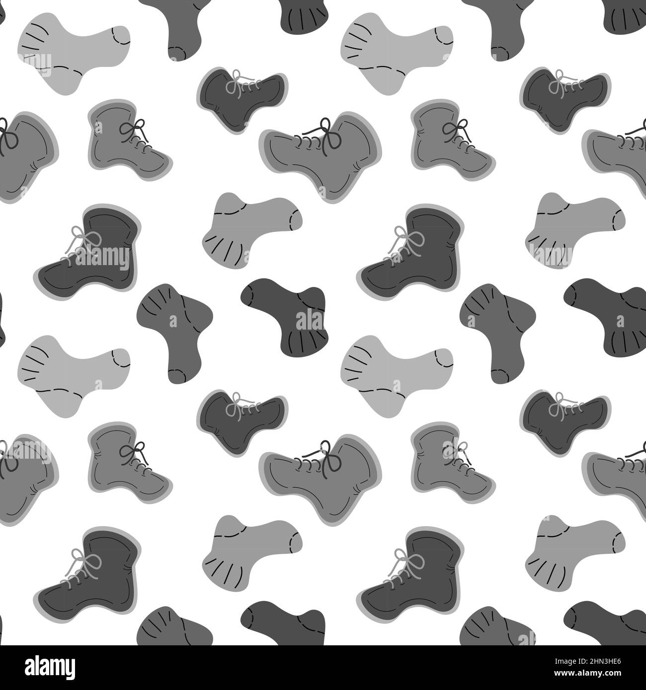 Seamless pattern featuring warm knitted socks and off-season boots in black and white colors in a minimalist style. Vector repeat texture. Abstract background. Vector illustration. Stock Vector