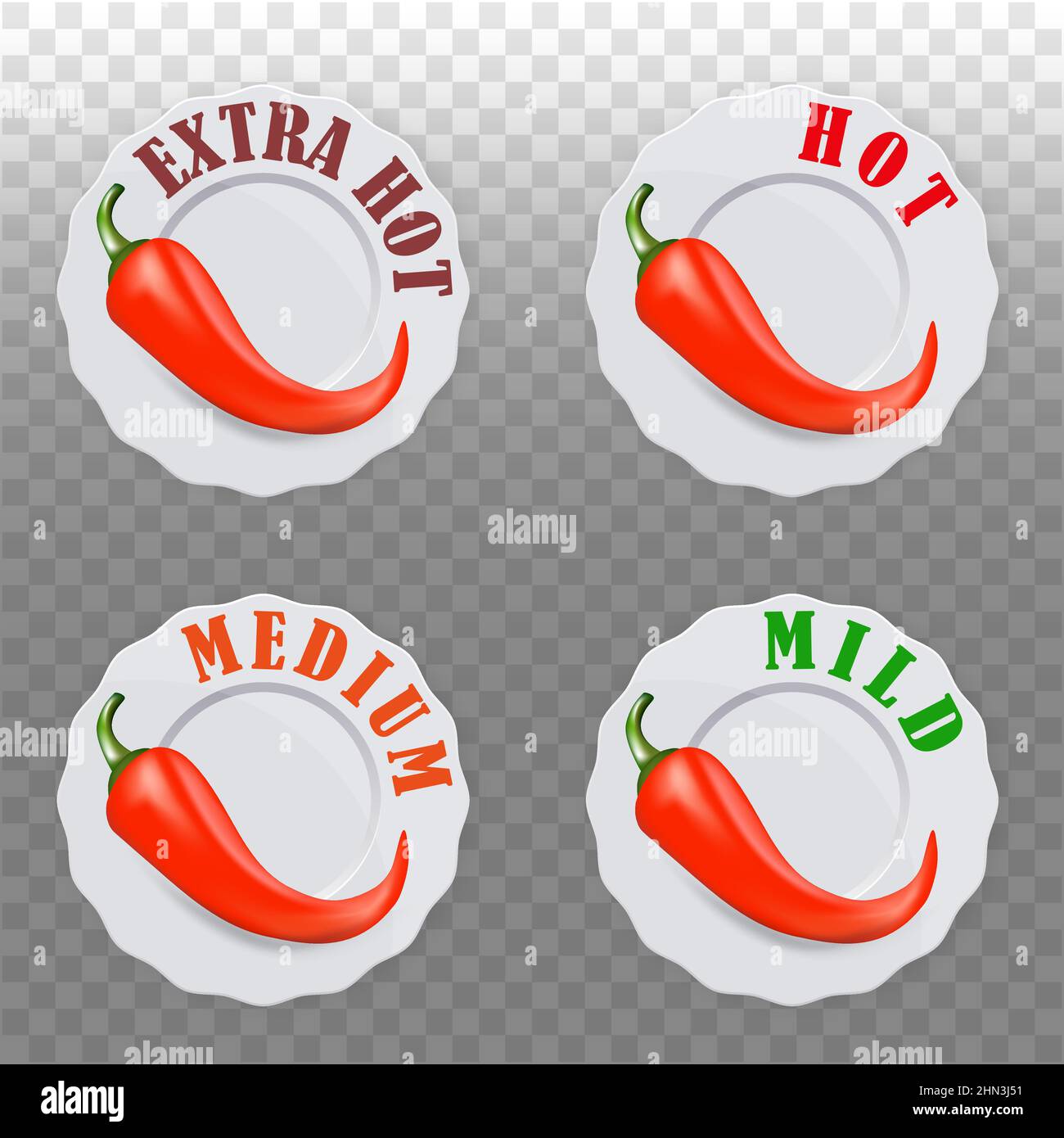Icons with Chili Pepper Spice Levels. Hot pepper sign for packing spicy