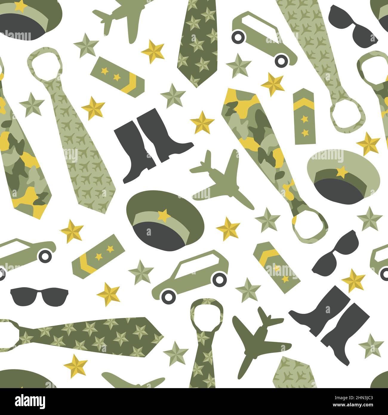 Seamless vector pattern of military icons on a white background. Wrapping paper. Stock Vector