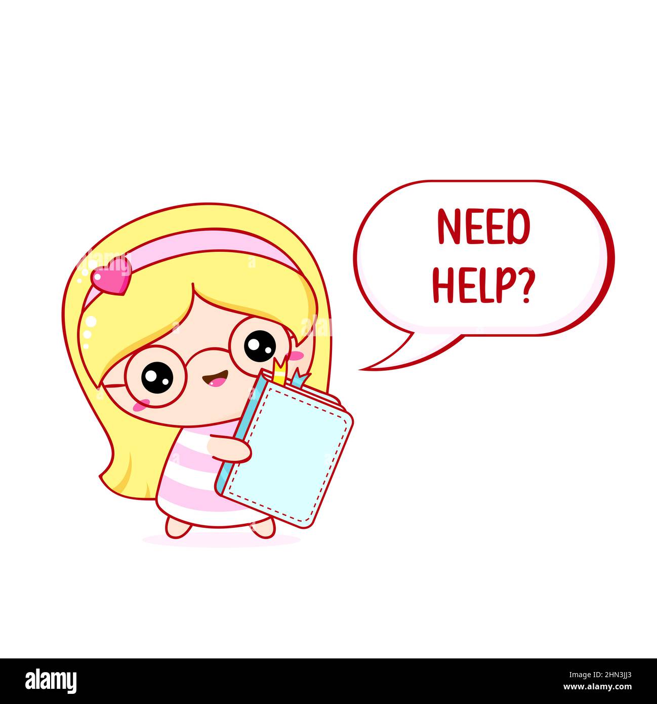 Customer support. A little girl with glasses offers to help. Assistance concept. Cute girl with book.  Vector Illustration EPS8 Stock Vector