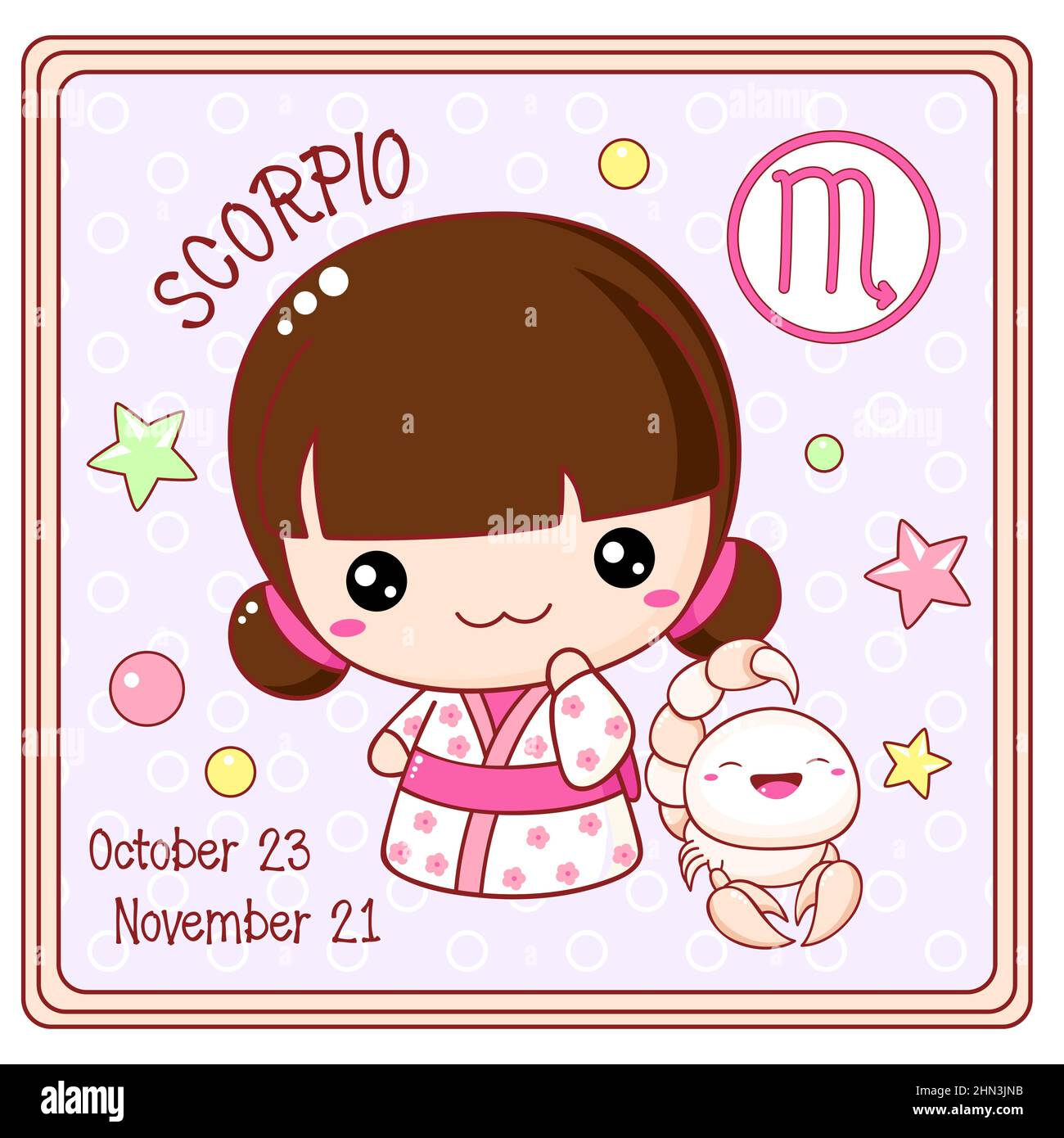 Zodiac Scorpio sign character in kawaii style. Cute chibi little girl in  kimono. Square card with Zodiac symbol, date of birth and cartoon baby girl  Stock Vector Image & Art - Alamy