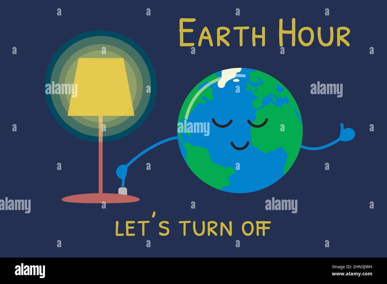 Earth Hour vector illustration. Cute Earth turns off light of